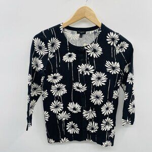 Talbots Petite Womens Size P Daisy Floral Print Cardigan Sweater in Black 1245